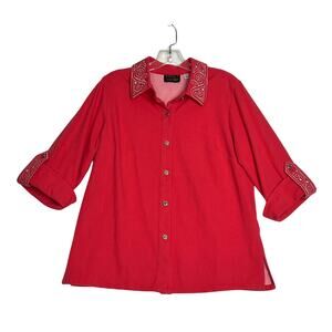 Bob Mackie Smart Denim 3/4 Roll Tab Sleeve Embroidered Button Shirt Pink Womens